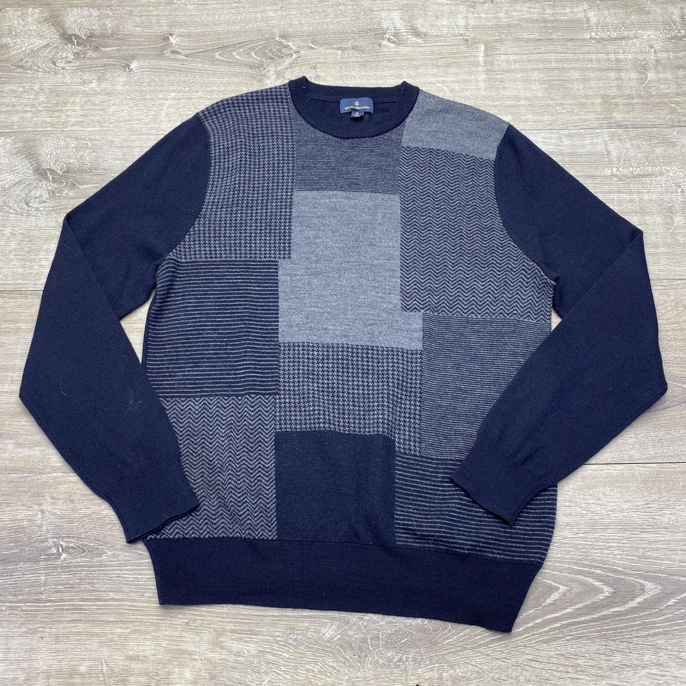 Brooks Brothers Sweater Mens Medium Blue Gray Colorblock Crewneck Knit Pullover